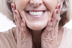 Closeup of smiling woman with dental implants in Weyauwega