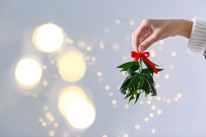 Close-up of hand holding mistletoe bunch